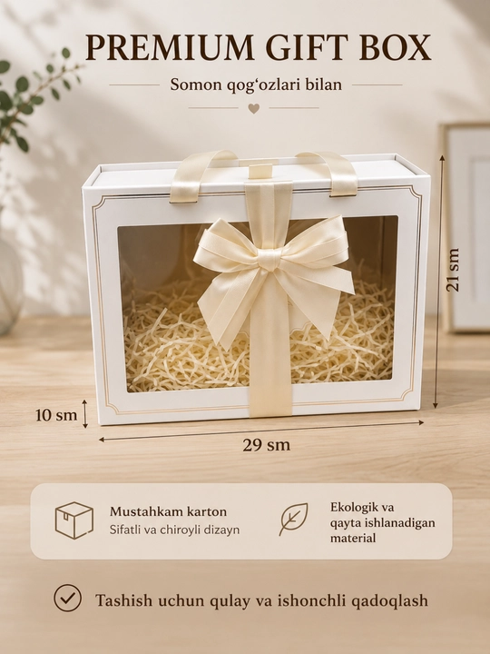 Sovg‘a qutisi oynali bantikli rozvi, malochniviy, jigarrang, ranglarda chiroyli gift box