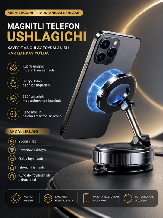 Kuchli magnit bilan 360° ga aylanadigan magnitli avtomobil telefon ushlagichi - 