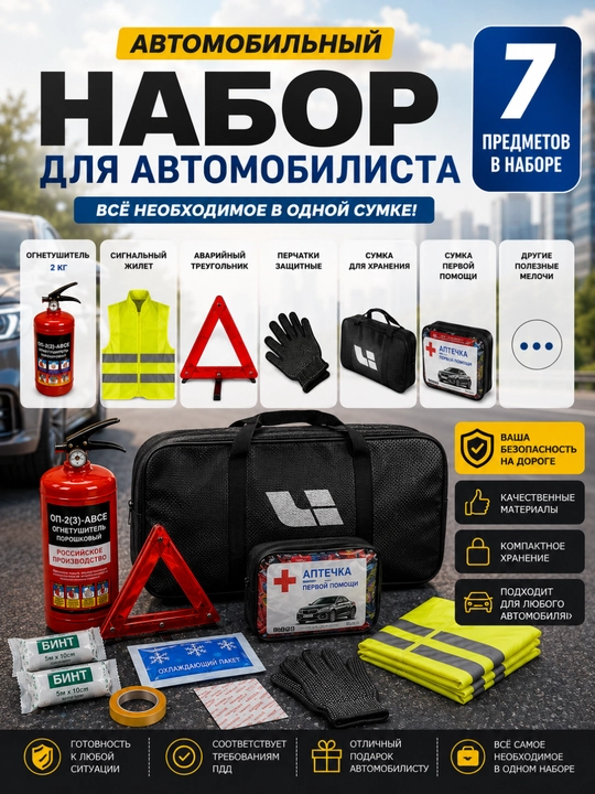 Аварийный набор для автомобиля 7 предметов: аптечка,огнетушитель ОП-2 кг, знак,молоток