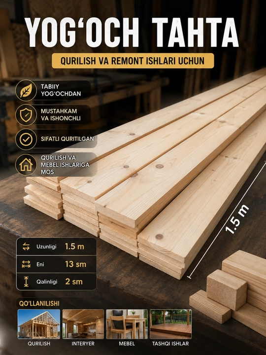 Yog‘och taxta 1500×130×20 mm, quruq randalangan taxta, qarag‘ay yog‘ochi qurilish uchun - 