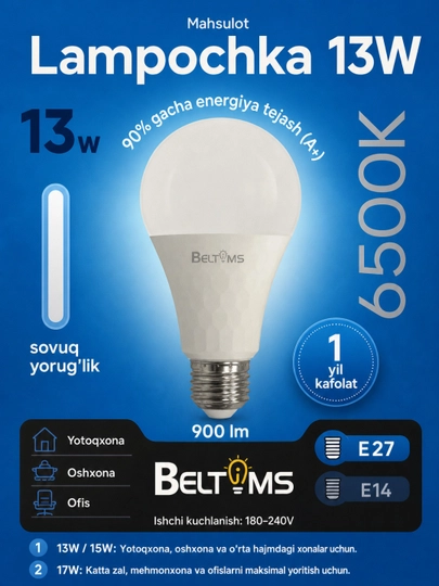 LED lampa, BELTOMS 15W-13W-10W-8W E27: energiya samaradorligi A+, chiroq, lampochka, 80Ra - 