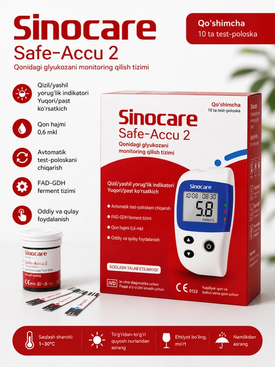 Safe-Accu2 qon glyukozasini o‘lchash uchun glyukometr, to‘plam - 