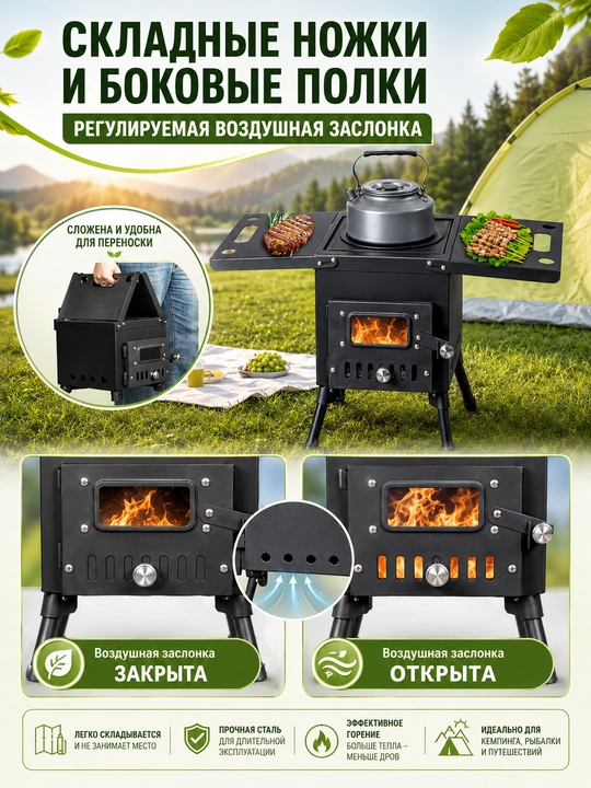 Sayohat uchun mo‘ljallangan tutun trubkali va buklanadigan oyoqli pechka
