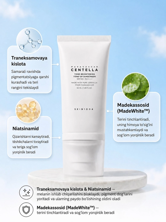 Yuz uchun quyoshdan himoya qiluvchi krem-zaroSKIN1004 Madagascar Centella namlovchi, 50 ml