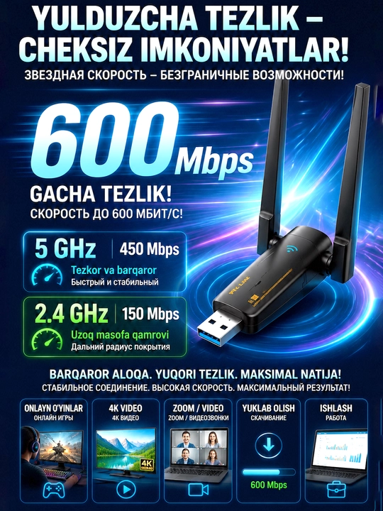 UAC21D – двухдиапазонный Wi-Fi + Bluetooth 4.2 на 600 Мбит/с. Отлично для игр и видео