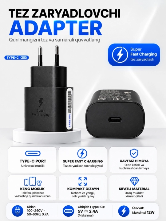Adapter Type-C tez zaryadlovchi 12W, 5V 2.4A, telefon va planshet uchun - 