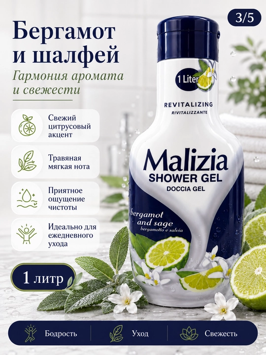Гель для душа, 1 л — бергамот и шалфей, белый мускус, хвоя и зелёный чай