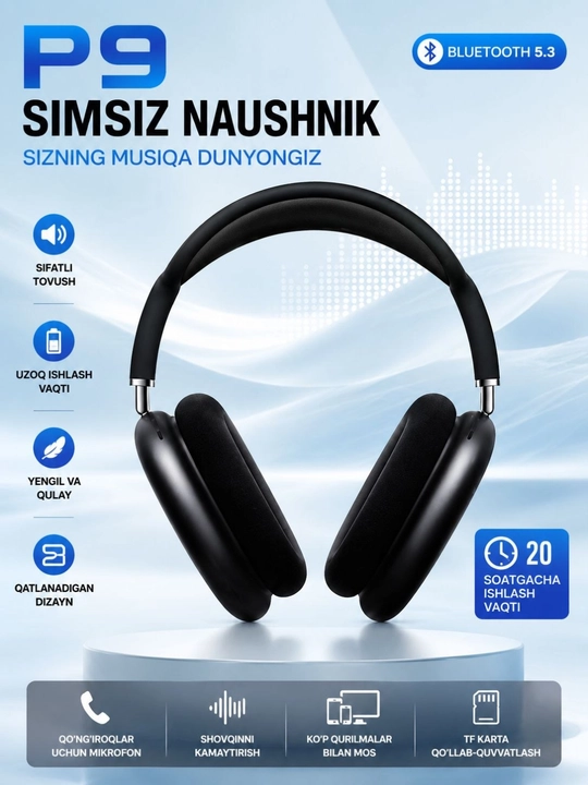 Simsiz quloqchin, Bluetooth 5.3, premium naushnik, headset, mikrofonli, iOS, Android - 