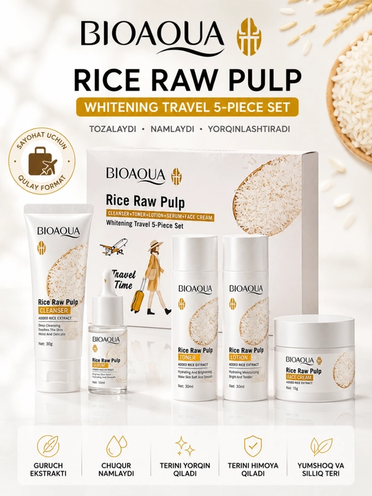 BIOAQUA Rice Raw Pulp Oqartiruvchi 5 Bosqichli Yuz Parvarishi To‘plami