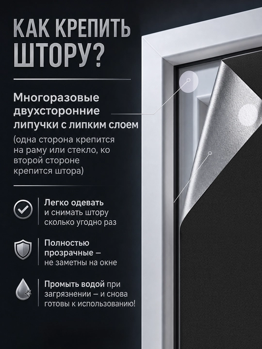 Derazalar uchun yopishqoq doirali Blackout parda, 145 × 100 yoki 145 × 200 sm