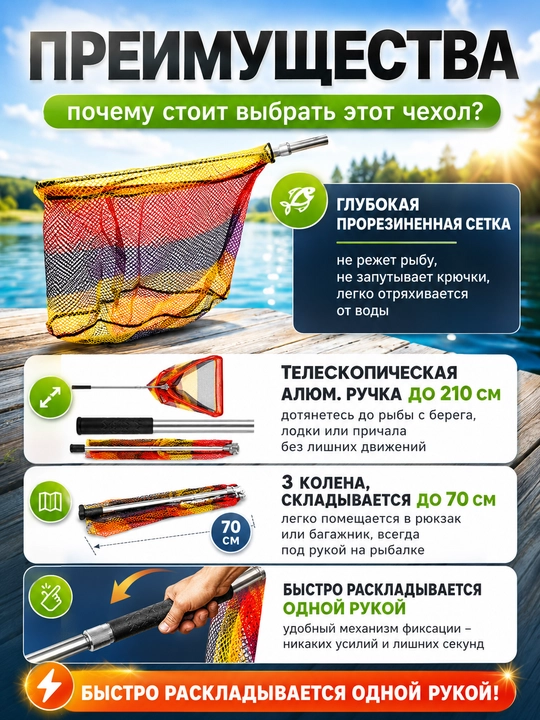 Подсачок для ловли рыбы, сгибаемый, с телескопической ручкой