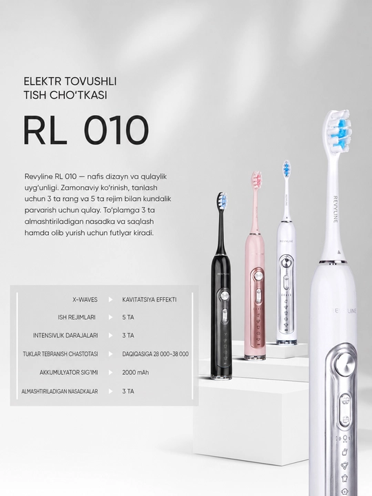 Revyline RL 010 White elektr tish cho‘tkasi, 5 ta rejimli, 3 ta nasadkali, IPX7