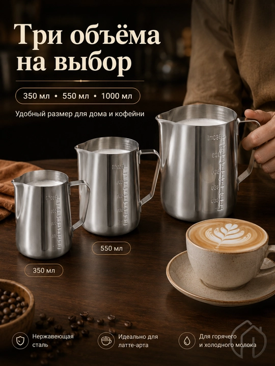Питчер для молока, для латте-арта и капучино, 350 мл, 550 мл, 1000 мл, db-3-37