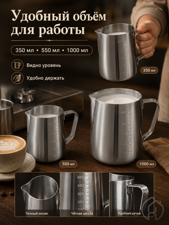 Питчер для молока, для латте-арта и капучино, 350 мл, 550 мл, 1000 мл, db-3-37