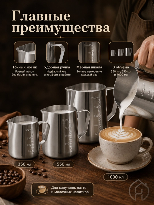 Питчер для молока, для латте-арта и капучино, 350 мл, 550 мл, 1000 мл, db-3-37