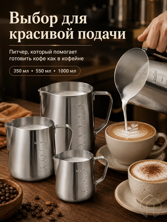 Питчер для молока, для латте-арта и капучино, 350 мл, 550 мл, 1000 мл, db-3-37