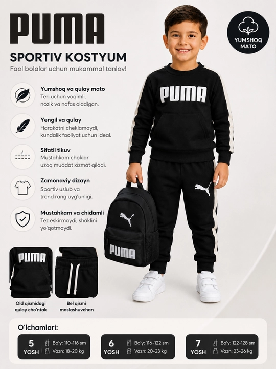 PUMA bolalar sport kostyumi 5, 6, 7 yosh o‘g‘il bola issiq triko kundalik kiyim