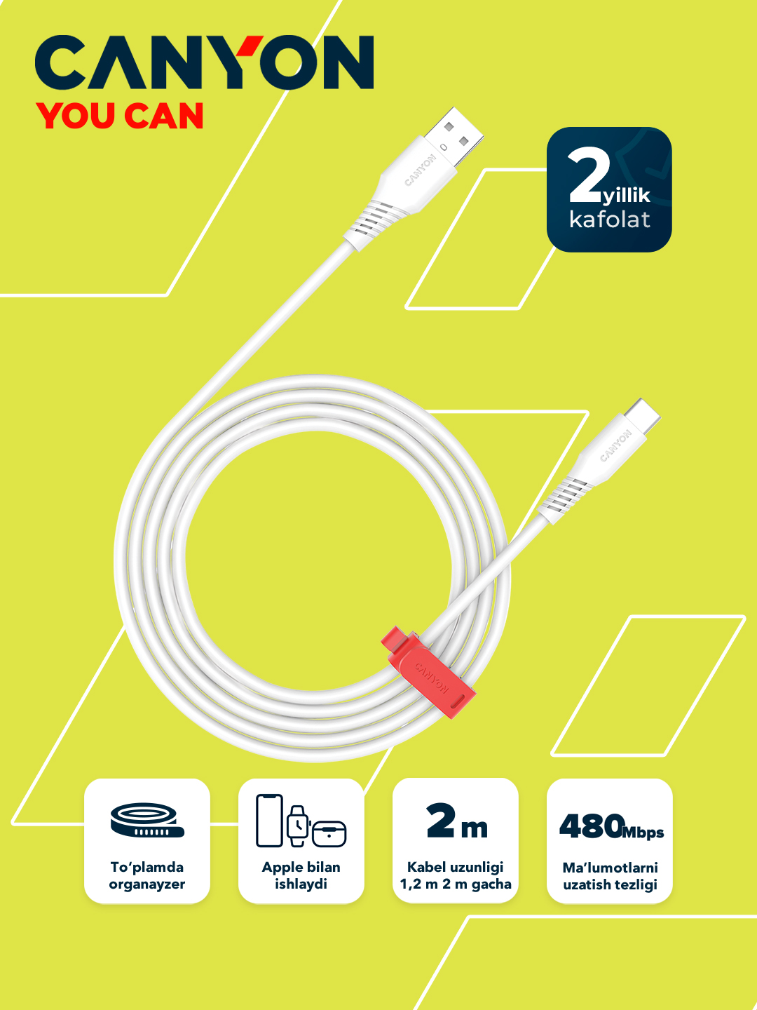 Slikon kabel Canyon OnWire USB A USB C, 18 W 60 W, 1.2 m, 2 m, organayzer bilan - 