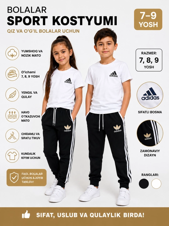 7–9 yosh bolalar sport kostyumi, futbolka va shim, qiz va o‘g‘il uchun yozgi to‘plam