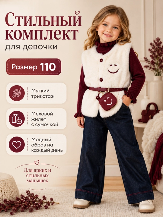 Qiz bolalar uchun kuz-qish kiyim to'plami 3 qismli: kofta, jilet, shim, 4-5 yosh - 