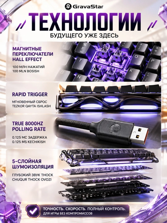 Магнитная клавиатура GravaStar Mercury V60 Pro, 60 клавиш, Blackcore Hall Effect, 8K Гц