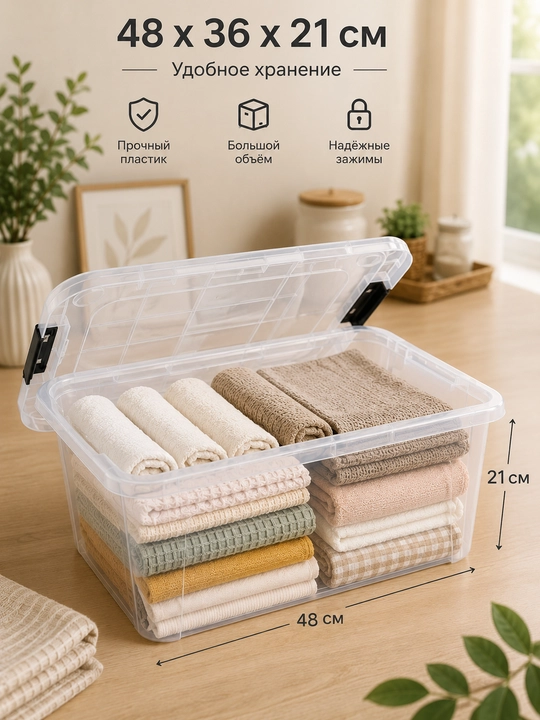 48×36×21 sm plastik saqlash qutisi qopqoqli, shaffof, qulflanadigan organizer