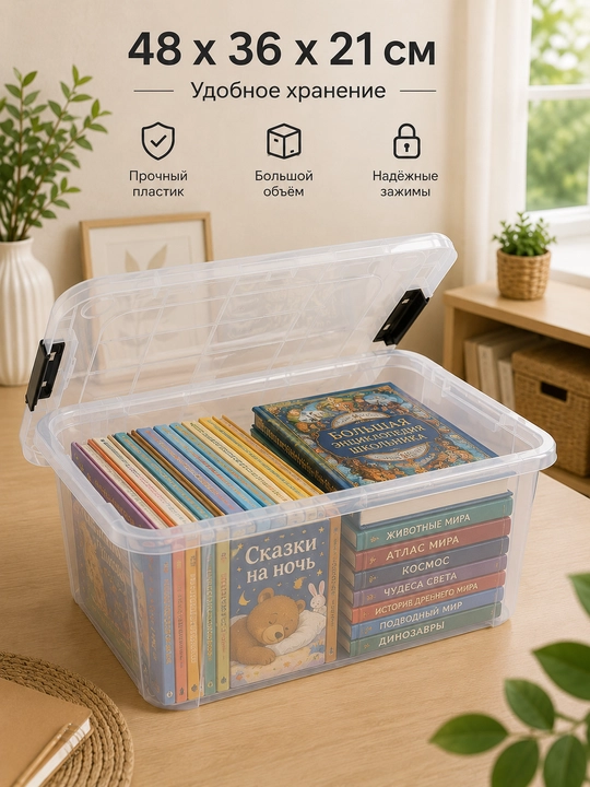 48×36×21 sm plastik saqlash qutisi qopqoqli, shaffof, qulflanadigan organizer