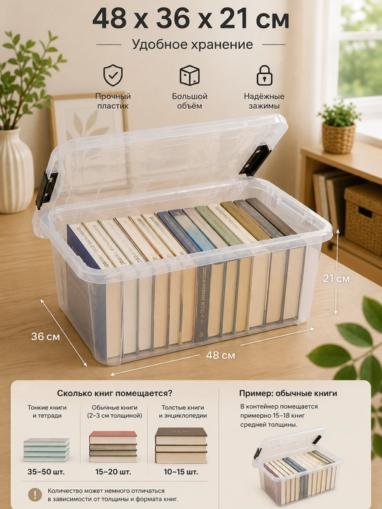 48×36×21 sm plastik saqlash qutisi qopqoqli, shaffof, qulflanadigan organizer