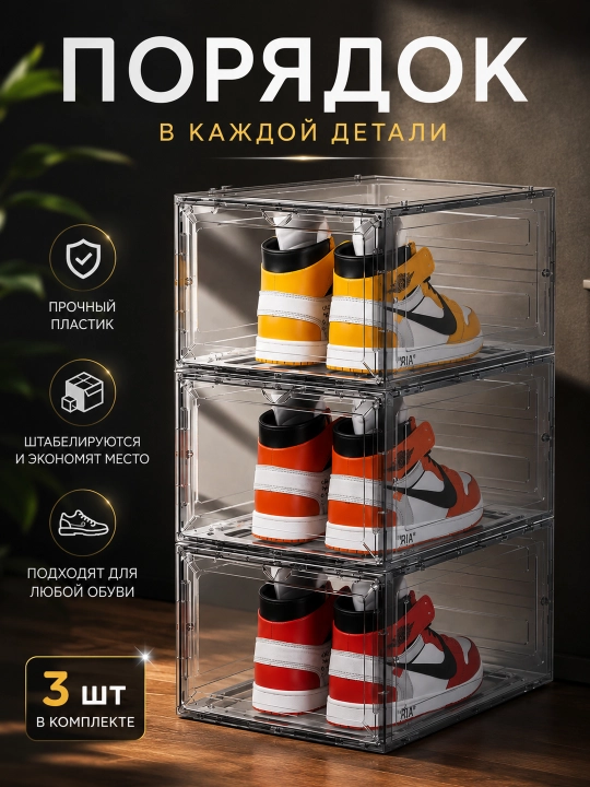 Коробка для хранения обуви прозрачная, складной органайзер для обуви - 