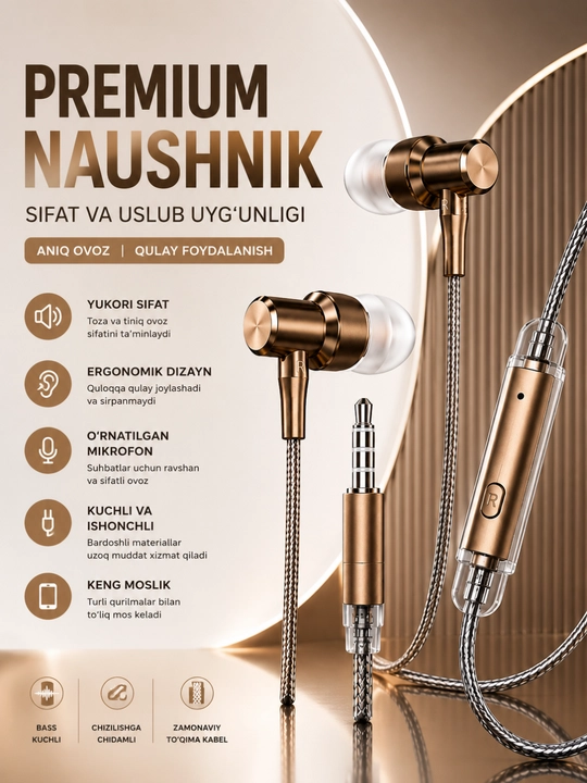 Premium simli quloqchin 3. 5 mm stereo earphone mikrofonli, kuchli bass va toza ovoz - 