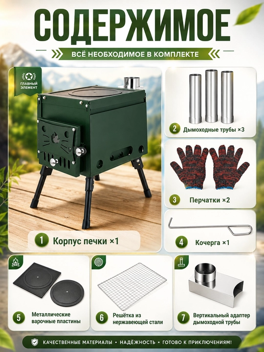 Sayohat uchun mo‘ljallangan tutun trubkali va buklanadigan oyoqli pechka