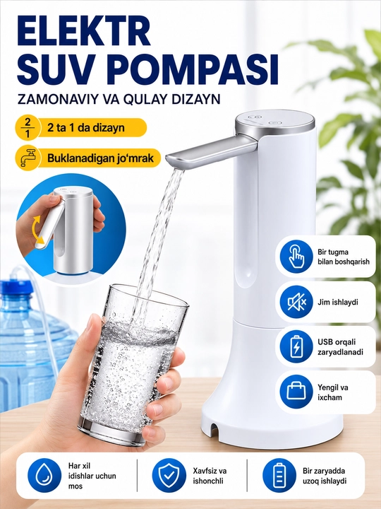 Электрическая помпа для воды 5/10/18,9 л, USB Type-C, с адаптером - 