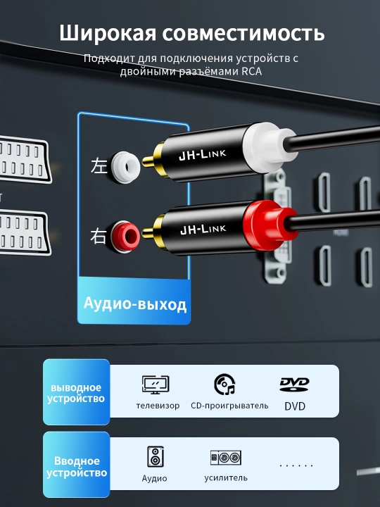 2RCA audio kabeli oltin qoplamali qotishma TV/DVD uchun