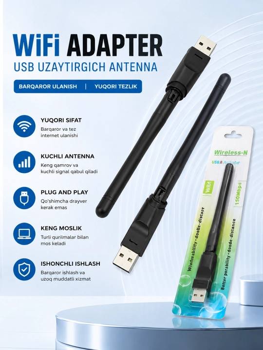 USB Wi-Fi Adapter, 150 Mbps, 2.4 GHz simsiz tarmoq qabul qilgich, USB 2.0 Plug & Play - 