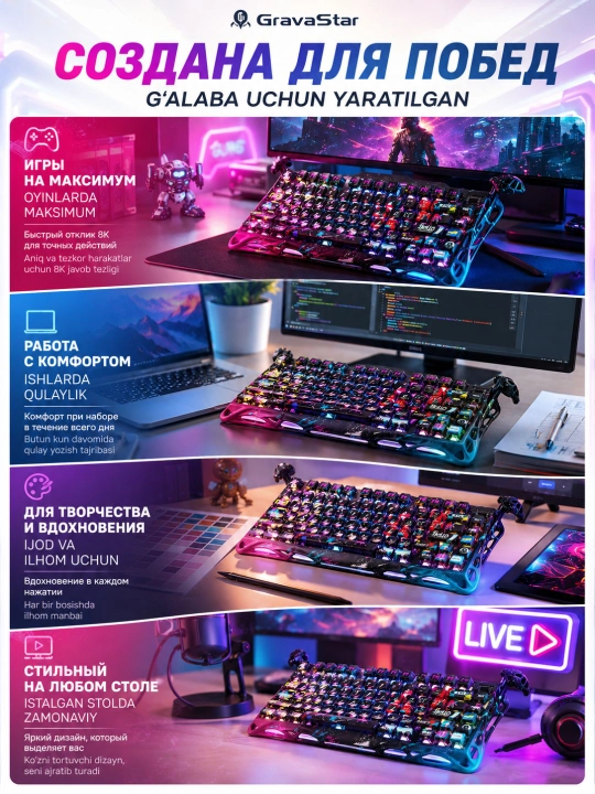Магнитная клавиатура GravaStar Mercury V75 Pro,Gateron Magnetic Jade Gaming, 8000 Гц
