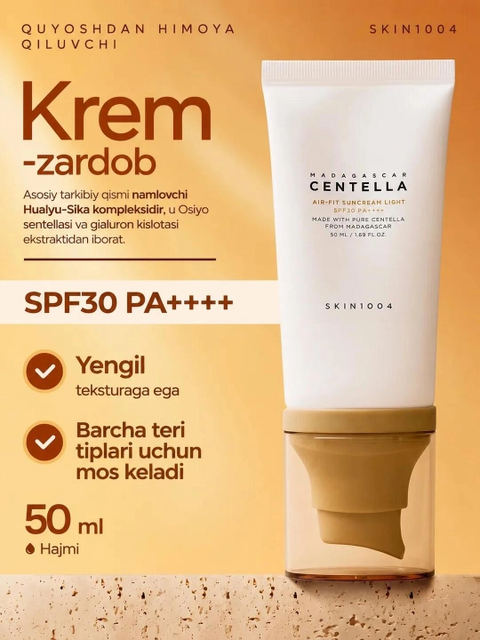 Yuz uchun quyoshdan himoya qiluvchi krem-zaroSKIN1004 Madagascar Centella namlovchi, 50 ml