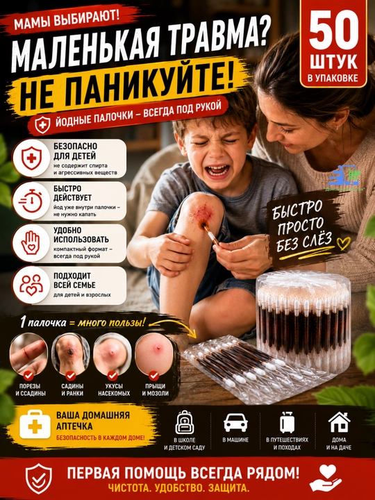Yod va spirt qo'shilgan paxta tayoqchalari, 50 dona - 