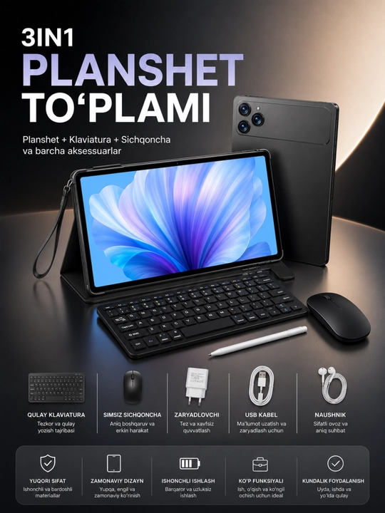 Planshet to‘plami Klaviatura, sichqoncha, stilus va g‘ilof To‘liq to‘plam - 