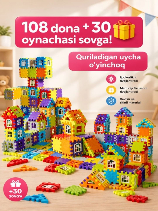 108 dona quriladigan uycha konstruktor o‘yinchoq to‘plami