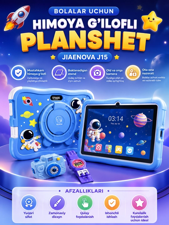 Jiaenova J15 bolalar plansheti, himoya g‘ilofi, kamera va aqlli soat to‘plamda - 
