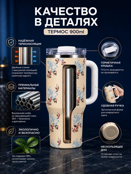 Термос 900 мл, термокружка, термос для воды, термос с трубочкой, термокружка, стакан