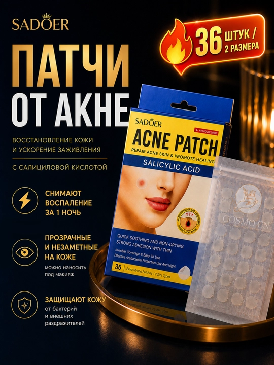 Патчи от акне и прыщей SADOER с салициловой кислотой — наклейки гидроколлоидные, 36 шт - 