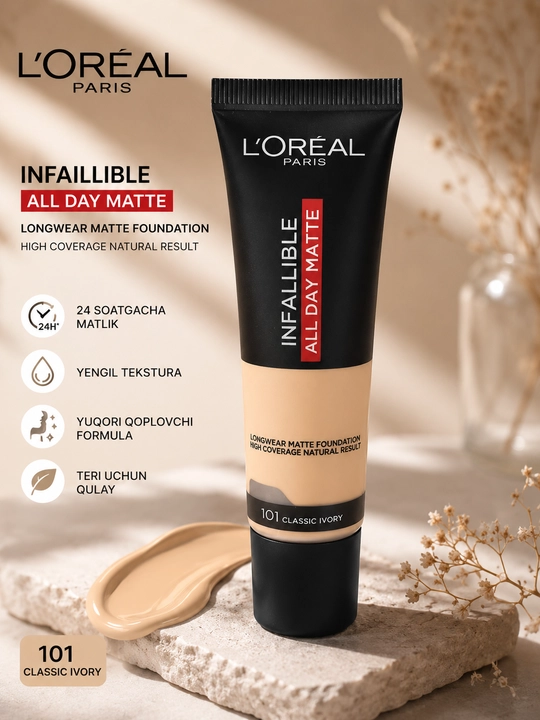 L'Oréal Paris Infallible All Day Matte tonal kremi, SPF 25, 101 Classic Ivory, 30 ml - 