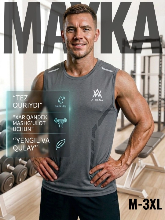 Erkaklar uchun sport maykasi, yengsiz, zal, fitnes va mashg‘ulotlar uchun, tez quriydigan