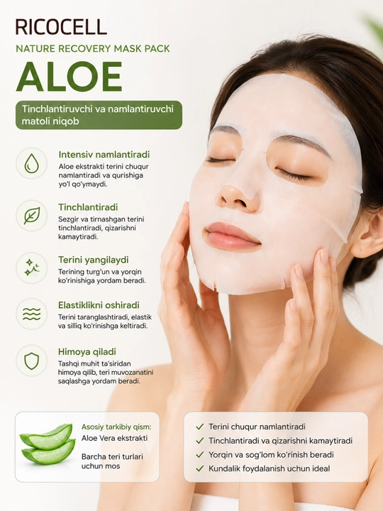 RICOCELL Nature Recovery Aloe, yuz uchun mato niqobi, 23 g, Koreya - 
