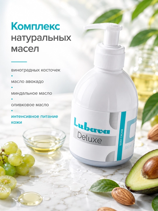 Крем для тела, рук, ног, увлажняющий, для упругости кожи, Любава Deluxe, 300 мл