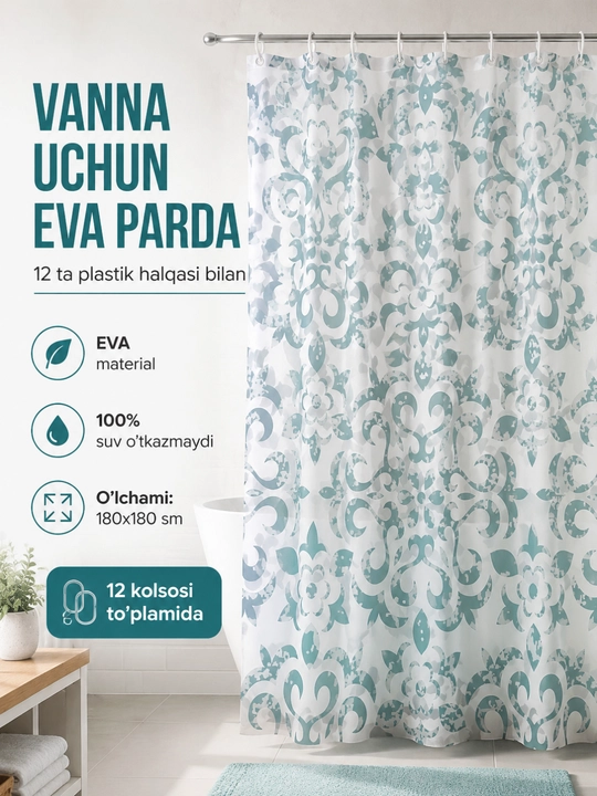 Vanna uchun  EVA dush pardasi 180x180 sm, 12 halqa bilan - 