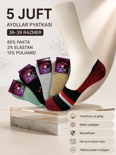 Ayollar pyatkasi paypoqlari, ayollar tovon paypoqlari, kalta paypoqlar, 5, 10 juft to‘plam