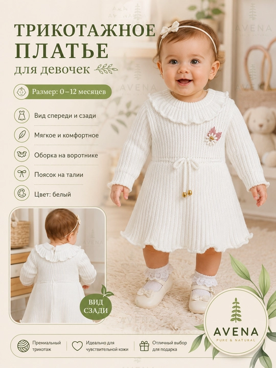 Платье для девочки, нежное, вязаное, воланный воротник 