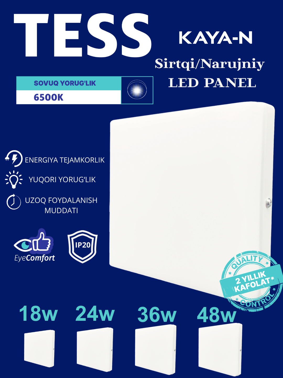 LED Panel akril kvadrat tashqi o'rnatish uchun, TESS KAYA-N  18W 24W 36W 48W 6500K IP20 - 